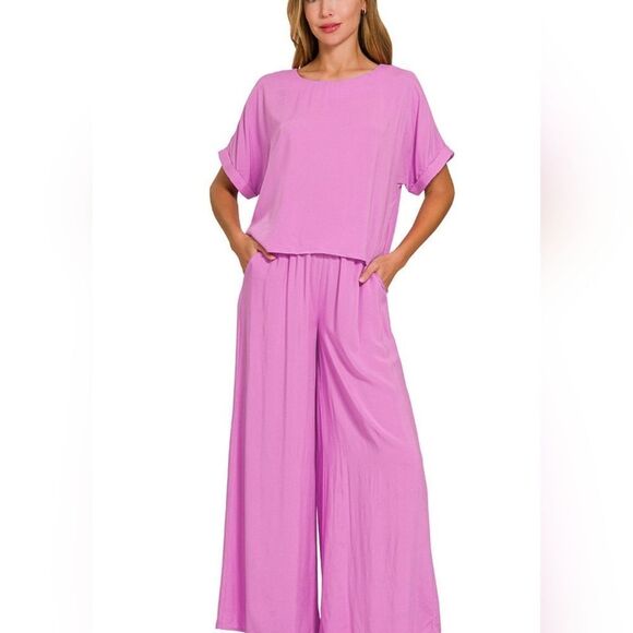 ***Zenana Round Neck T-Shirt and Wide Leg Pants Set Women's Pink Wide-Leg Pants - Picture 1 of 4